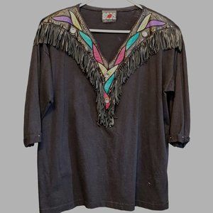 Vintage Western Shirt Womens V Neck Leather Fringe Black With Fading One Size